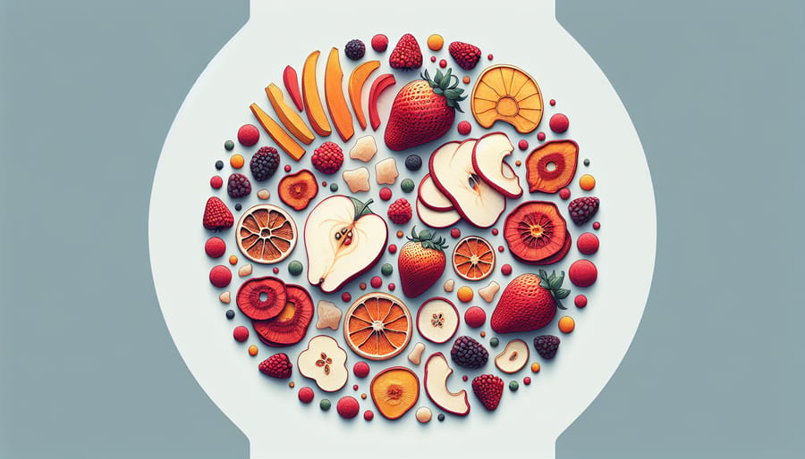 A close-up image of assorted freeze dried fruits including strawberries, apples, and mangoes, highlighting their vivid colors and crunchy texture.