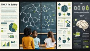 A collage depicting students and teachers engaging in discussions about THCA, with illustrations of chemical structures and legal policy documents, highlighting the focus on health and safety in schools.